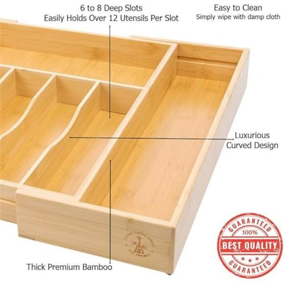 Expandable bamboo silverware drawer organizer large utensil flatware cutlery tra - Picture 5 of 8